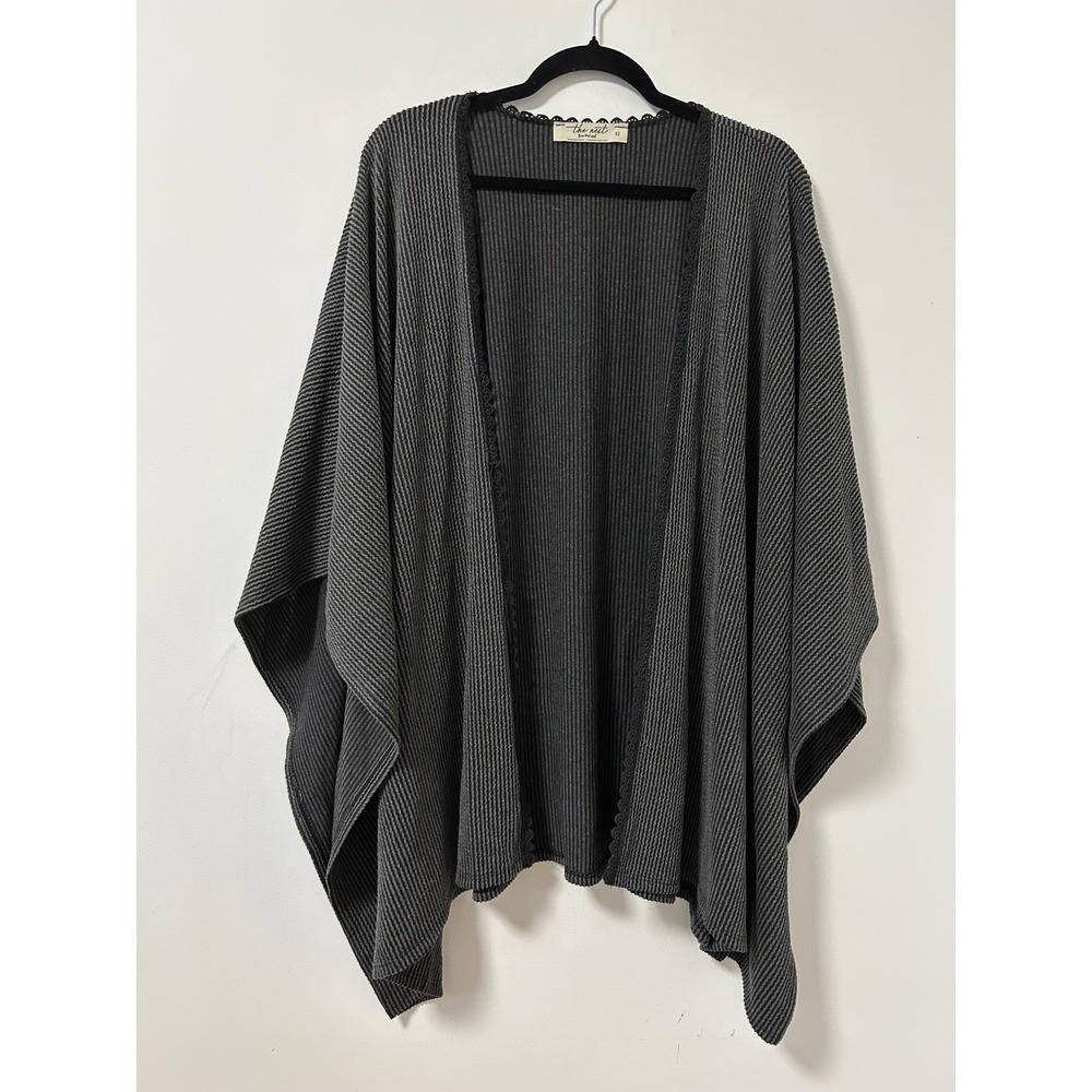 Three Bird Nest Ribbed Kimono Cardigan Womens XL Gray Boho Crochet Trim